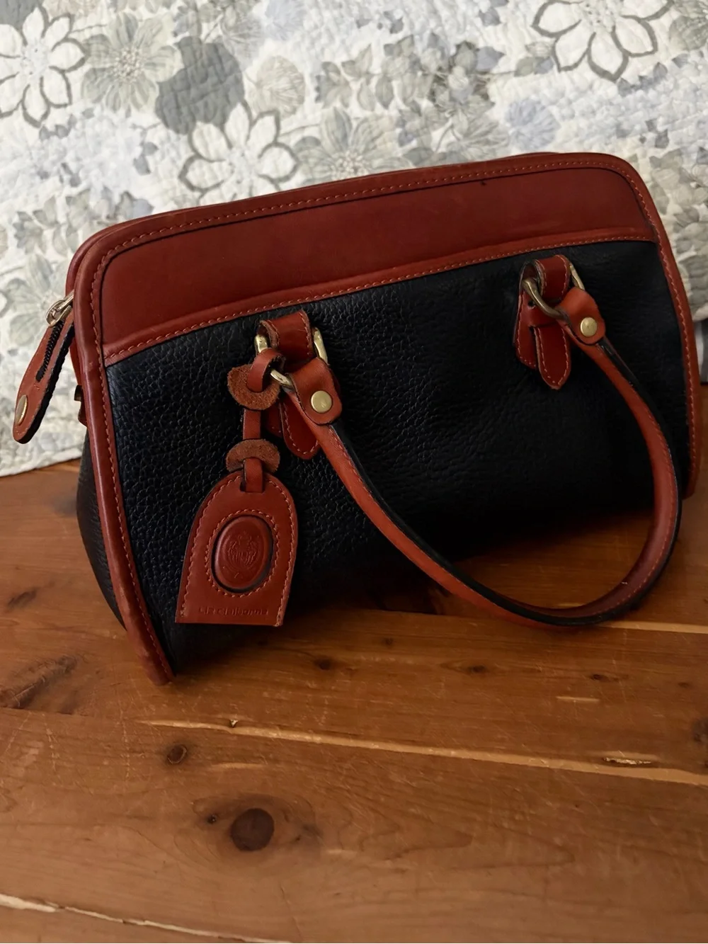 Vintage Liz Claiborne Black Pebbled Satchel with Cognac Trim